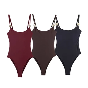 Women's Sexy Spaghetti Strap Bodysuit High Cut Sleeveless Jumpsuit Top With Metal Rose Buckle Solid Color Streetwear