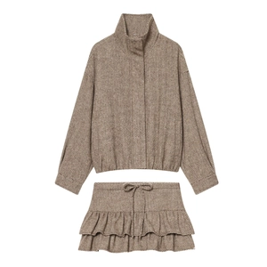 Women's Fashion Twill Jacket Outerwear And Ruffled Short Skirt Top And Bottom Winter Casual Elegant Polyester Clothing