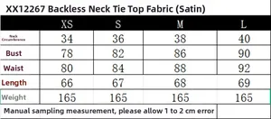 Size chart for backless halter top in satin fabric with measurements for XS to L