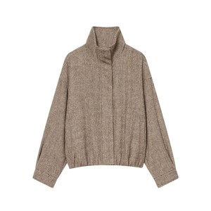 Women's vintage tweed jacket with high collar and elastic hem in brown mixed textures