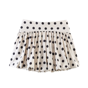 Polka dot pleated bubble skirt in cream with black dots, high waist fashion for women
