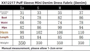 Tableau des tailles pour robe en jean à manches bouffantes avec mesures de XS à L