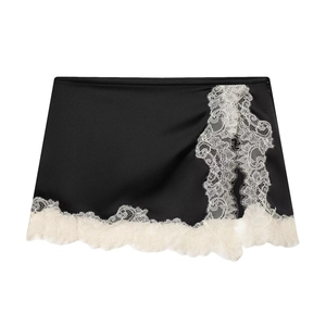 Mini-jupe Sexy en Satin Noir pour Femmes Avec Bordure en Dentelle Blanche Slim Fit Style Occidental Jupe Courte