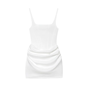 Detail of white mini dress with corseted bodice and tiered horizontal ruched fabric