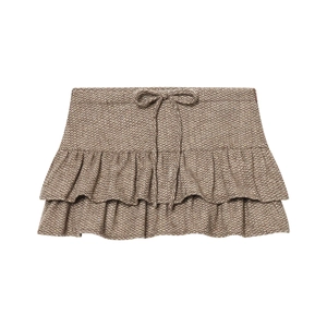 Brown herringbone tweed skirt for women with drawstring bow and tiered ruffle hem