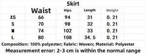 Size chart for women's casual skirt pants showing measurements in XS to L and 100% polyester