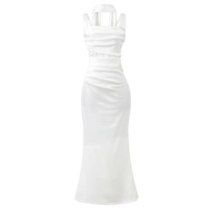 White Satin Halter Ruched Maxi Dress And Shawl For Women Sexy Backless Lace-Up Banquet Wedding Elegant Evening Long Gown