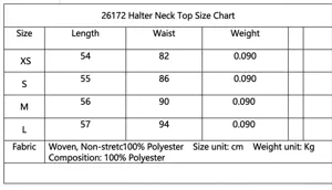 Detailed size chart for women's satin halter neck top including XS to L measurements