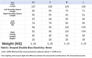 Size chart with XS-L measurements for spring slim-fit dress including length and waist