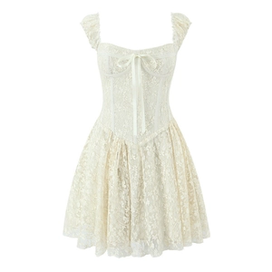 Women Sexy Cream Lace Corset Mini Dress French Retro Floral Bow Cap Sleeve A-Line Party Dress For Hot Girl