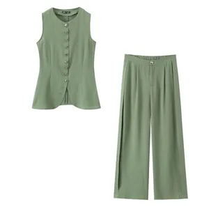 Sage Green Sleeveless Vest And Wide Leg Pants Top And Bottom Street Fashion Round Neck Single Breasted Outfit For Women