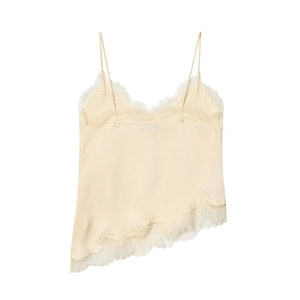 Detailed view of beige lace trim V-neck and asymmetrical hem on a silk-like camisole top