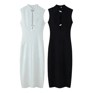 Robe Longue Maxi Moulante Sans Manches Col Montant Ajourée Détail Bouton Métal Streetwear Fendue Dos Robe Soirée Sexy
