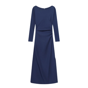 Detail of navy blue boat neck dress with side ruching and elegant long sleeves
