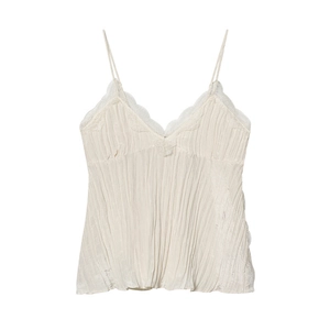 Damen Sexy V-Ausschnitt Spitze Plissiert Cami Top Spaghetti-Träger Slim Fit Ärmellos Cremeweiß Polyester Tank Top