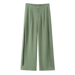 Sage green high-waist wide-leg trousers with side slits and decorative button