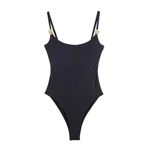 Women's sexy black bodysuit with thin shoulder straps and golden metallic ring detail
