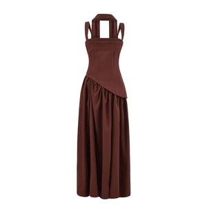 Deep brown sleeveless halter neck midi dress with asymmetric draping and side slit detail