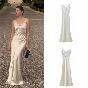Abito Lungo in Raso Patchwork con Pizzo Sexy da Donna Scollo a V Senza Schiena con Spalline Sottili Elegante per Feste