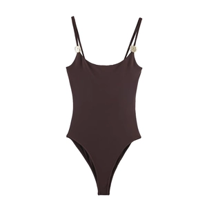 Deep chocolate brown spaghetti strap bodysuit with elegant gold spiral metal rings