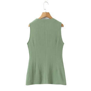 Grass green slim-fit vest and pants set featuring a structured back view with seam details