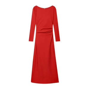 Detail of red off-shoulder slim-fit dress featuring side ruched waist and long sleeves