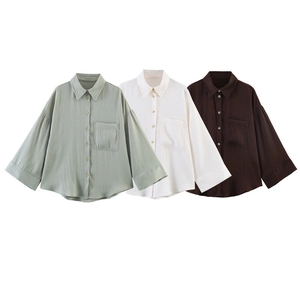 Women Casual Oversized Long Sleeve Blouse Turn Down Collar Button Down Shirt With Pocket Solid Color Loose Fit Spring Top