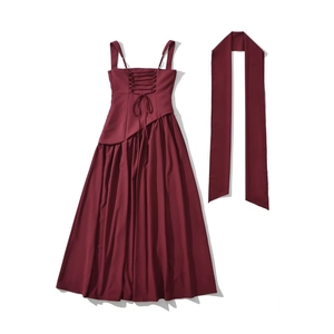 Chic wine red backless slip dress with lace-up tie and matching slim neck scarf