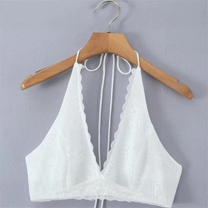 White floral lace halter top with deep V-neck and delicate eyelash lace trim detail
