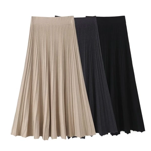 Damen Hohe Taille Plissee Maxi Rock Elastischer Bund Gestrickt A-Linie Einfarbig Streetwear Fashion Mittellang Lässig