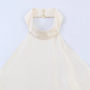Elegant cream satin halter neck top with sleek backless design and dual button closure