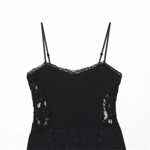 Sexy black lace patchwork camisole top with adjustable spaghetti straps on white background