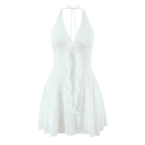 White lace halter mini dress with deep V-neck and 3D floral decoration for women