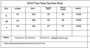 Detailed size chart for women's lace-up poplin shirt with S, M, L measurements in cm