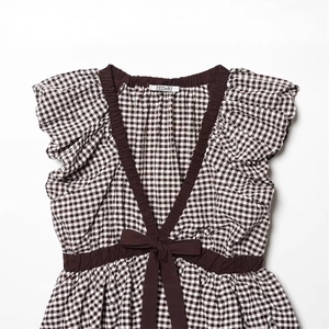 Braune Gingham-Bluse mit V-Ausschnitt, Rüschenschultern und Schleife für Damen