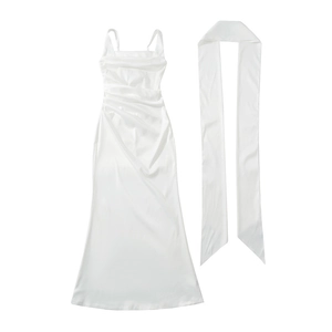 Elegant white satin bodycon maxi dress with corset detail and matching silk scarf set