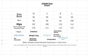 Detailed size chart for blue floral ruffled dress showing XS to L measurements in cm