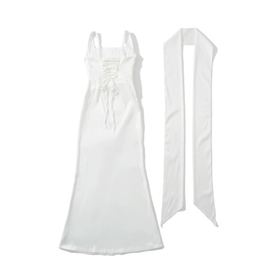 Elegant white satin bodycon midi dress with criss-cross back laces and matching scarf