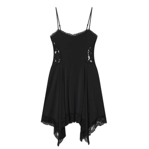 Elegant black lace trim slip dress with sheer waist panels and asymmetric hemline