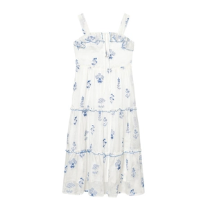 Women Sexy Blue Floral Embroidery Cami Maxi Dress Ruffle Tiered Cake Sundress Sleeveless Square Neck A-Line Boho Dress