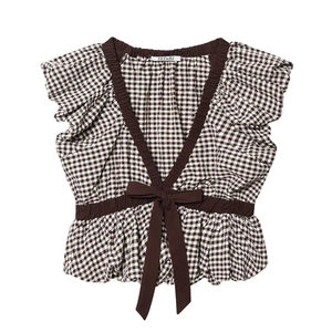 Damen Ärmellose Gingham-Bluse in Braun mit V-Ausschnitt, Rüschen und Schleife an der Taille