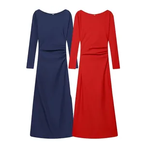 Elegant Women Boat Neck Ruched Long Sleeve Maxi Dress Slim Fit Side Slit Solid Color Casual Party Chic Long Dress