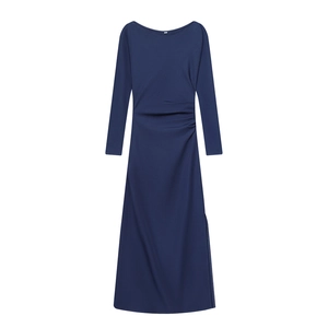 Slim fit navy blue long sleeve dress with elegant boat neck and side waist ruching detail