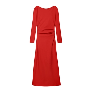 Elegant red long sleeve off-the-shoulder slim fit midi dress with waist pleats