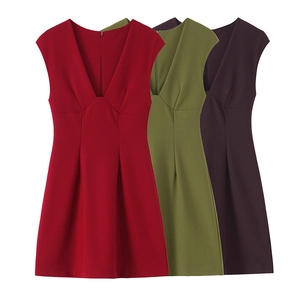 Robe Mini Sans Manches Col en V Sexy pour Femmes Taille Froncée Élégante Ligne A Robe de Soirée Été Couleur Unie Mode