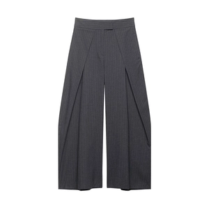 Pantalon Large à Taille Haute pour Femmes Rayures Mode Ample Droit Pantalon de Costume Gris Foncé Tissé Bureau Pantalon Femme