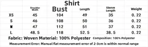 Detailed size chart for striped short shirt with measurements in XS, S, M, L