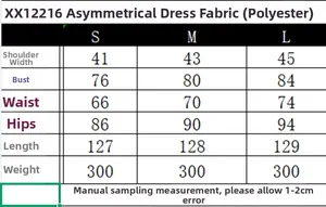 Detailed size chart for asymmetrical dress showing measurements in S, M, and L sizes