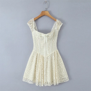 White floral lace corset mini dress with ribbon bow and elegant cap sleeves