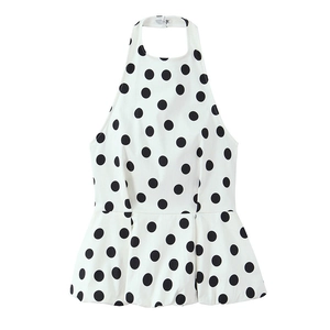 Haut Halter Sexy à Pois pour Femme Dos Nu Peplum Chemise Sans Manches Rétro Blanc Et Noir Mode d'Été